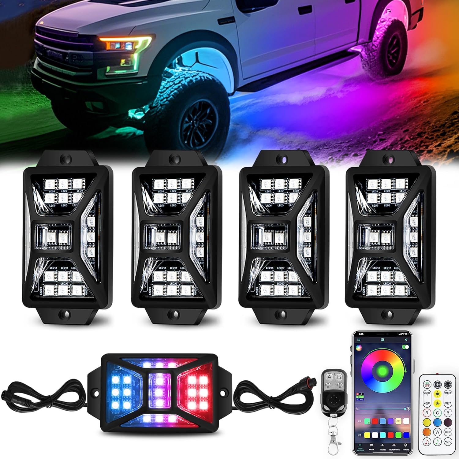 RGB Rock Lights with App Control for Trucks and Off-Road Vehicles