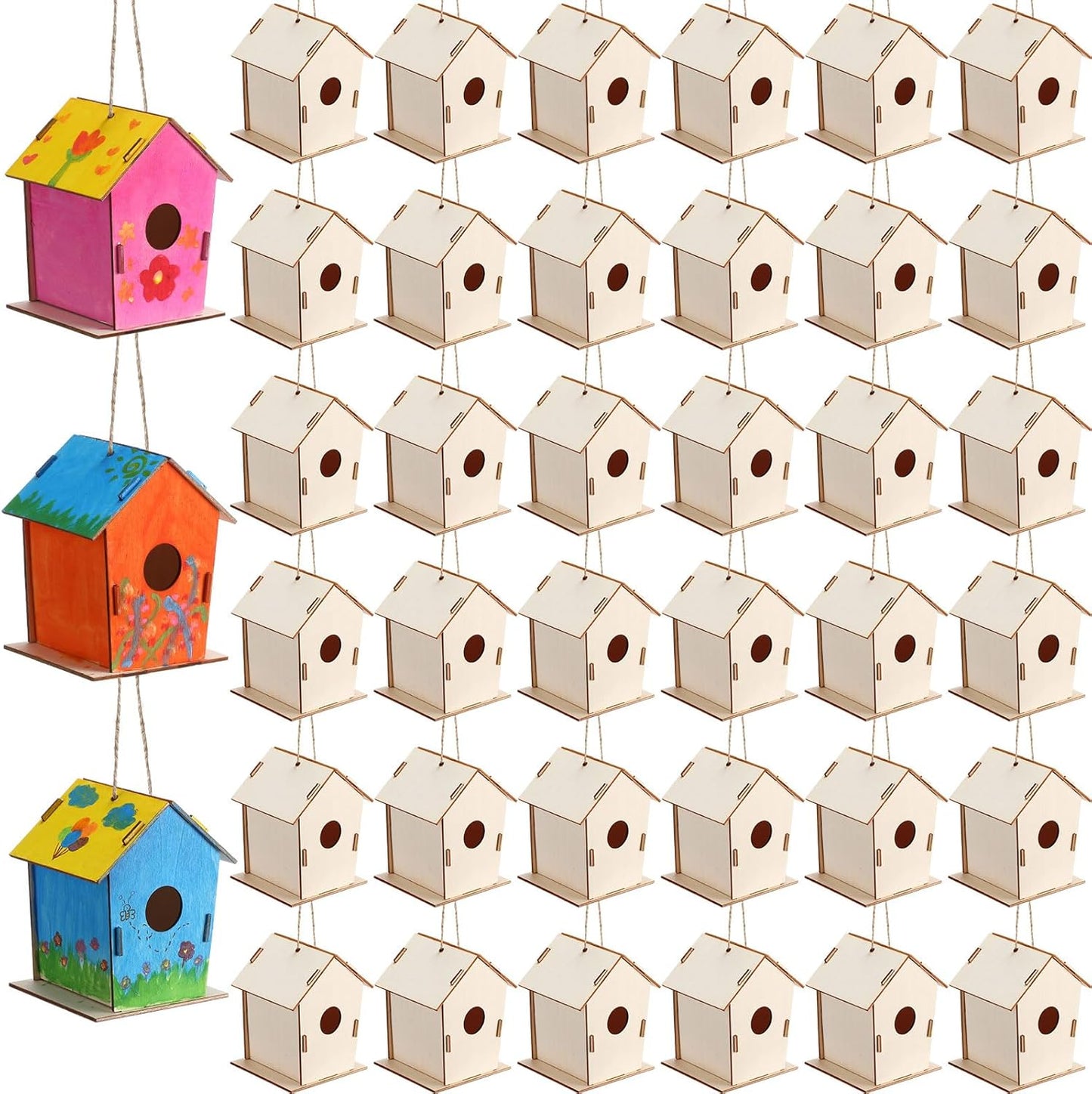 100 Pcs 4.33in Wooden Bird Houses for Kids DIY Craft Projects
