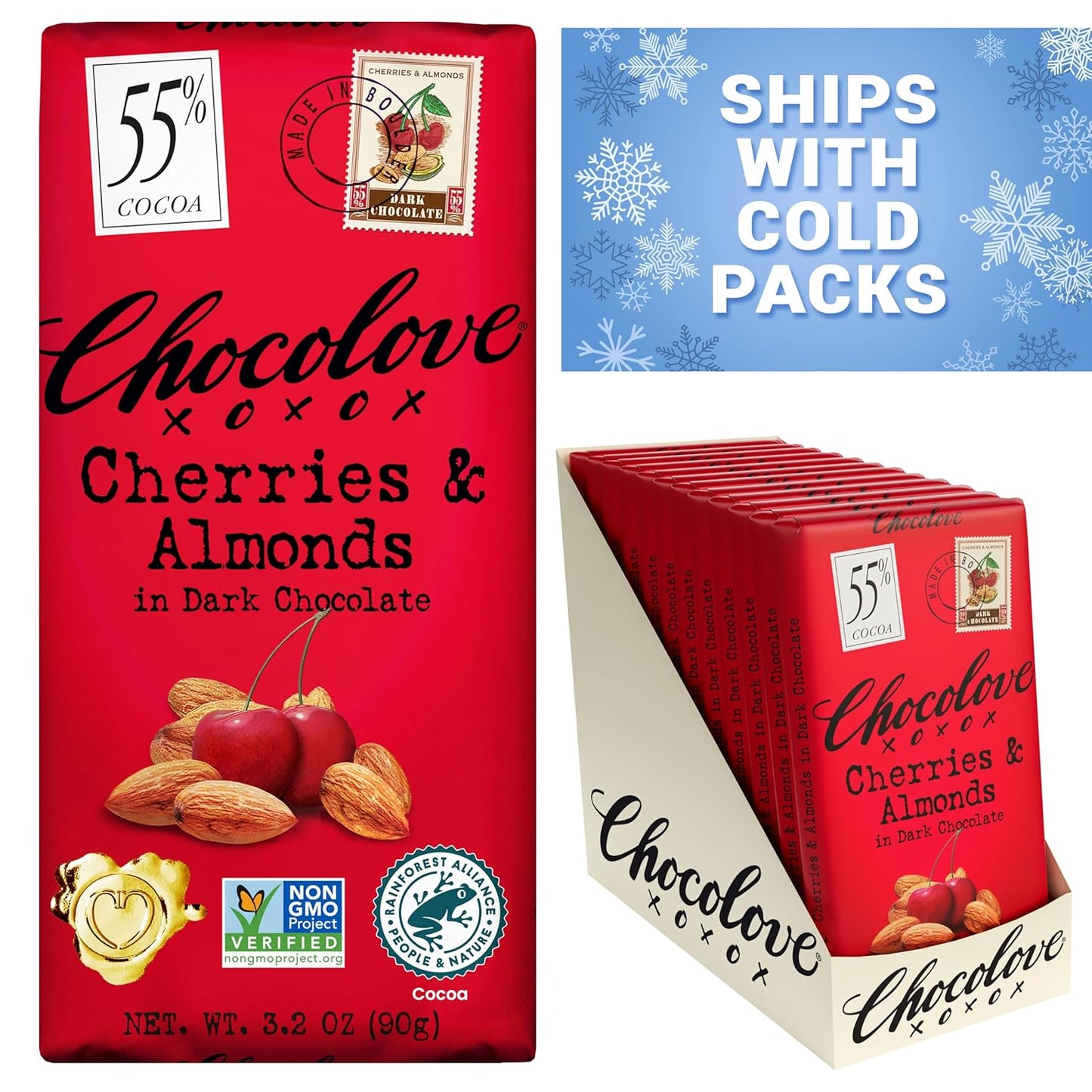 Chocolove Cherry & Almonds Dark Chocolate Bars - 55% Cocoa Treat