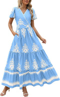 Womens V Neck Boho Maxi Dress with Pockets - Flowy Tiered Style