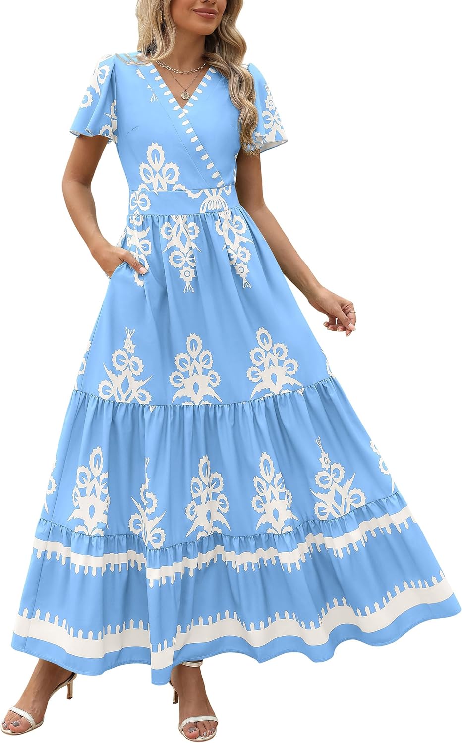 PRETTYGARDEN Womens Casual V Neck Boho Maxi Dress with Pockets