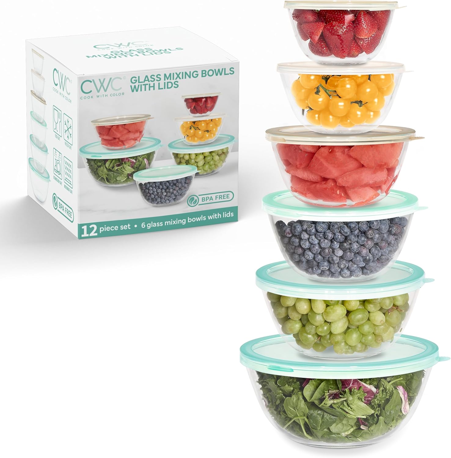 COOK WITH COLOR 12 Pc Glass Mixing Bowl Set for Kitchen Use