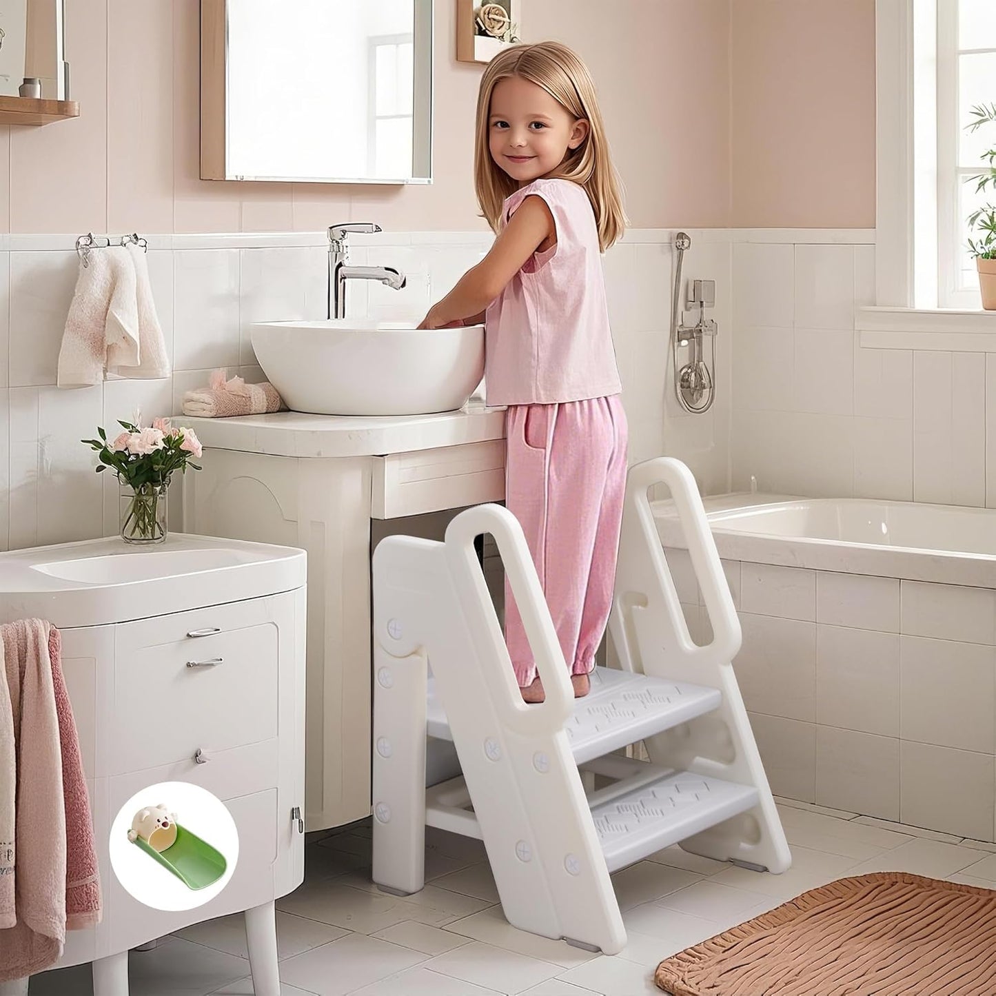 Foldable Step Stool for Toddlers with Safety Rail and Faucet Extender