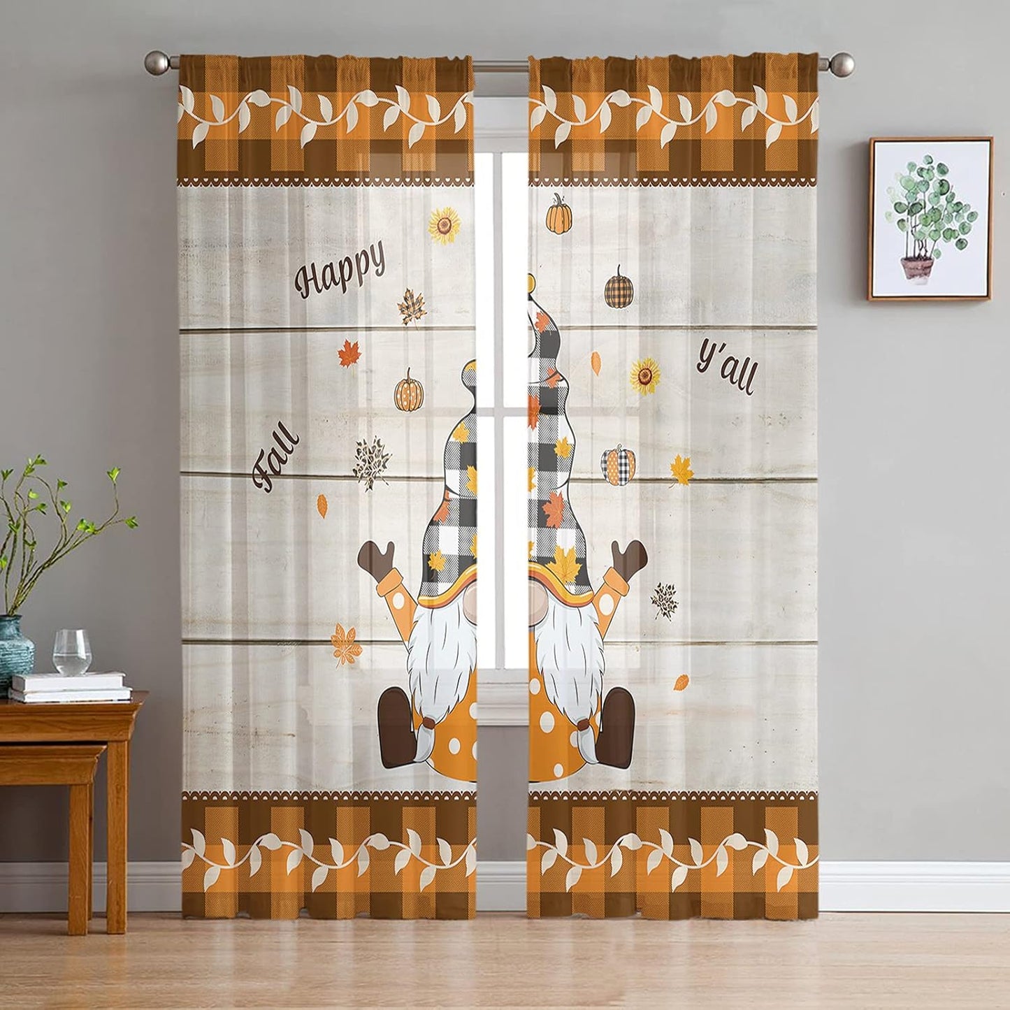 Orange Plaid Thanksgiving Gnomes Sheer Curtains Set - Festive Window Decor