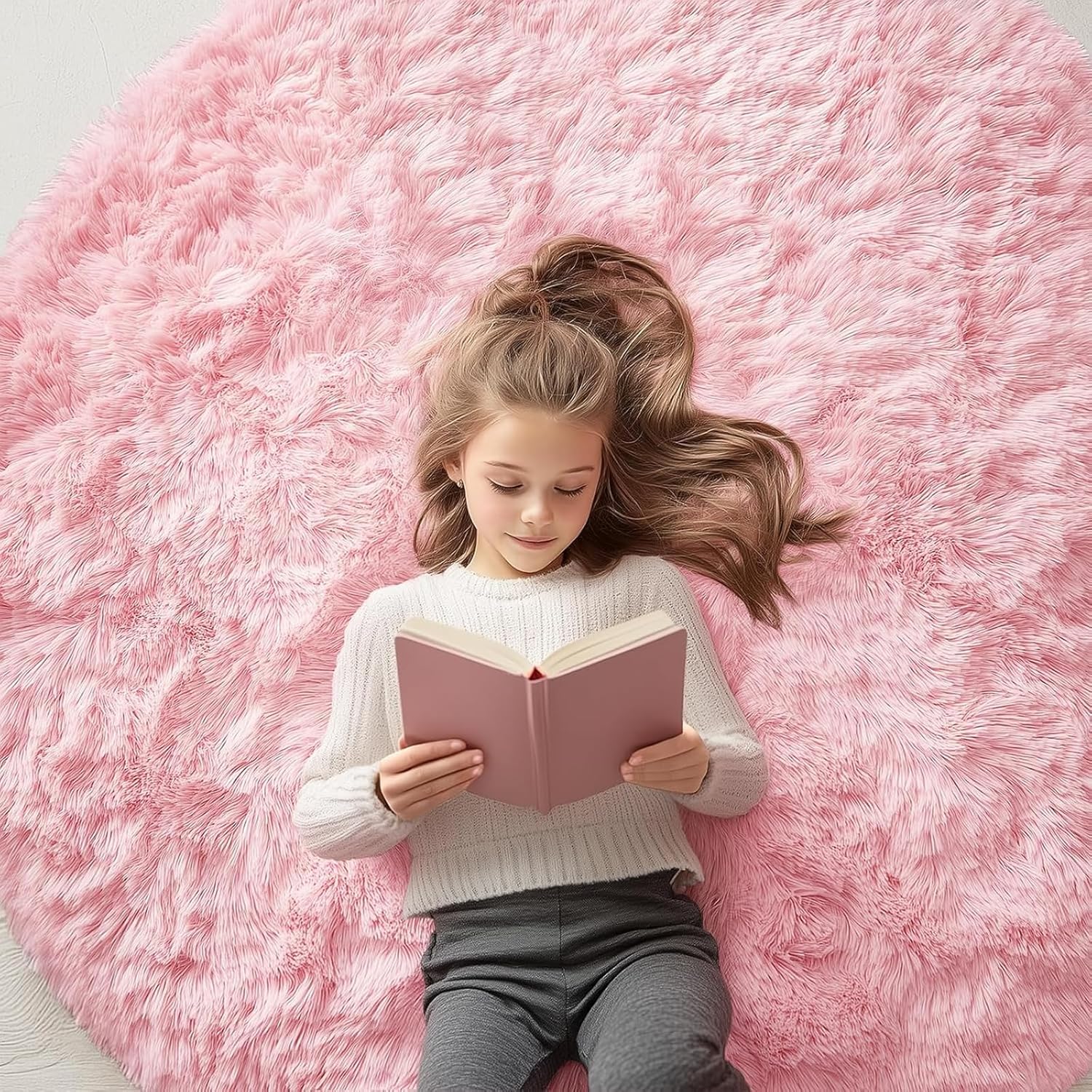 OLANLY Pink Round Rugs for Bedroom - Soft Fluffy Area Rug