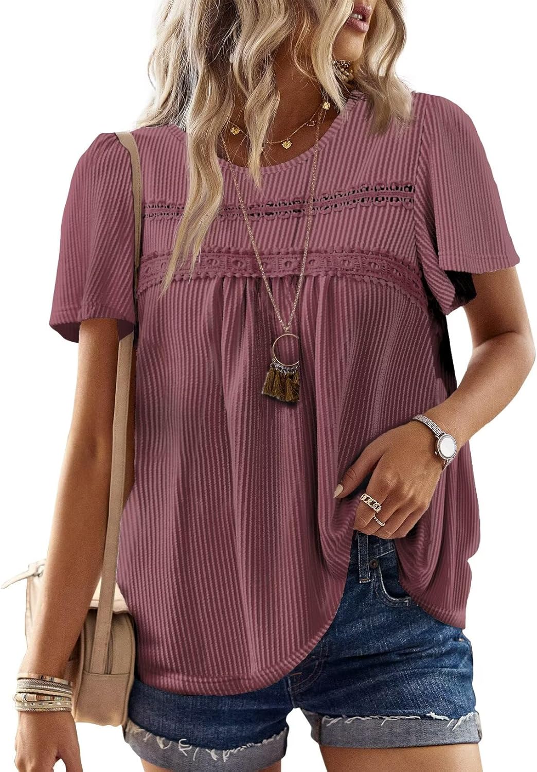 Womens Summer Tops Crewneck Short Sleeve Striped Shirts Casual