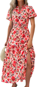 Summer Maxi Dresses for Women V Neck Puff Sleeve Smocked Floral
