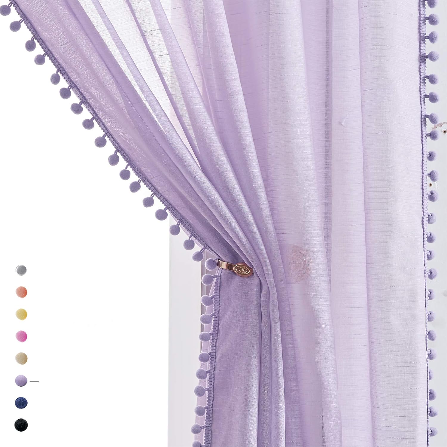 Pom Pom Sheer Curtains for Bedroom 95in Long Lilac Drapes