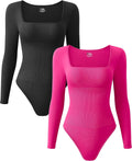 OQQ Women's Ribbed Square Neck Bodysuits - 2 Pack, Stretchy Comfort