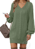 Women's Lantern Sleeve V Neck Knit Mini Sweater Dress - Casual Elegant