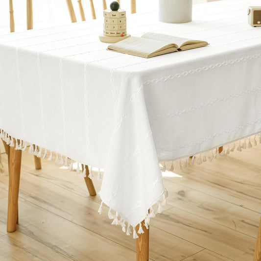 White Linen Rectangle Table Cloth with Tassel for Dining