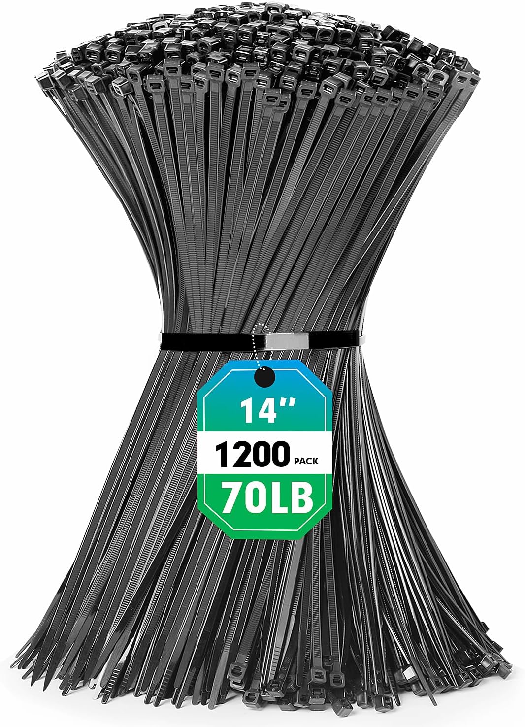 RAZCC 1200pcs 14 Black Zip Ties - 70lb Strength