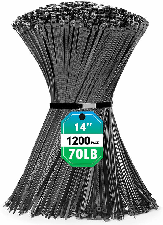 RAZCC 1200pcs 14 Black Zip Ties - 70lb Strength
