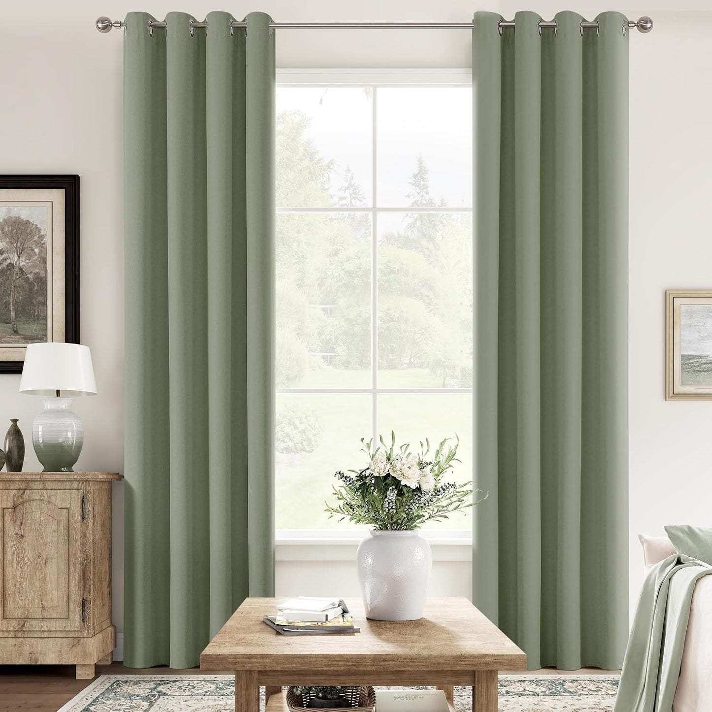 100% Blackout Sage Solid Curtains for Bedroom and Living Room