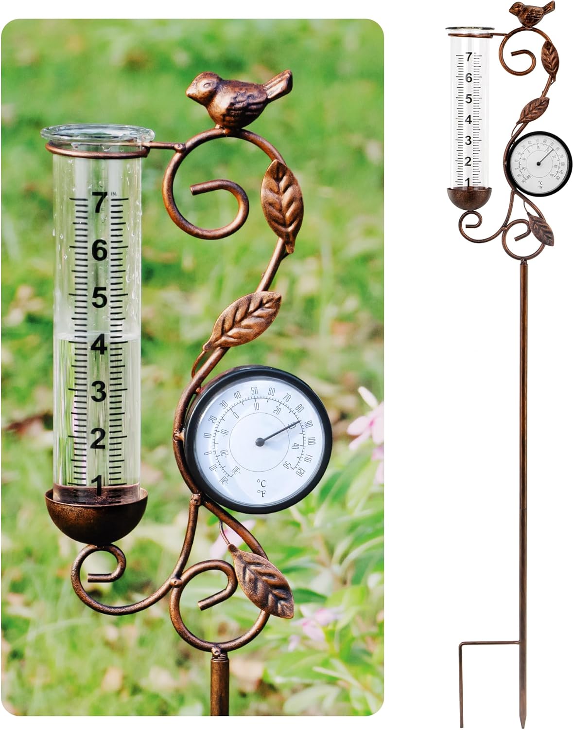 32 in Garden Rain Gauge with Thermometer for Outdoor Decor
