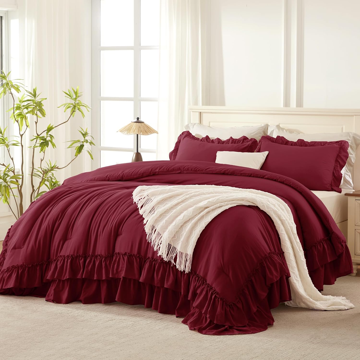 Burgundy Twin Size Comforter Set with Elegant Ruffle Design