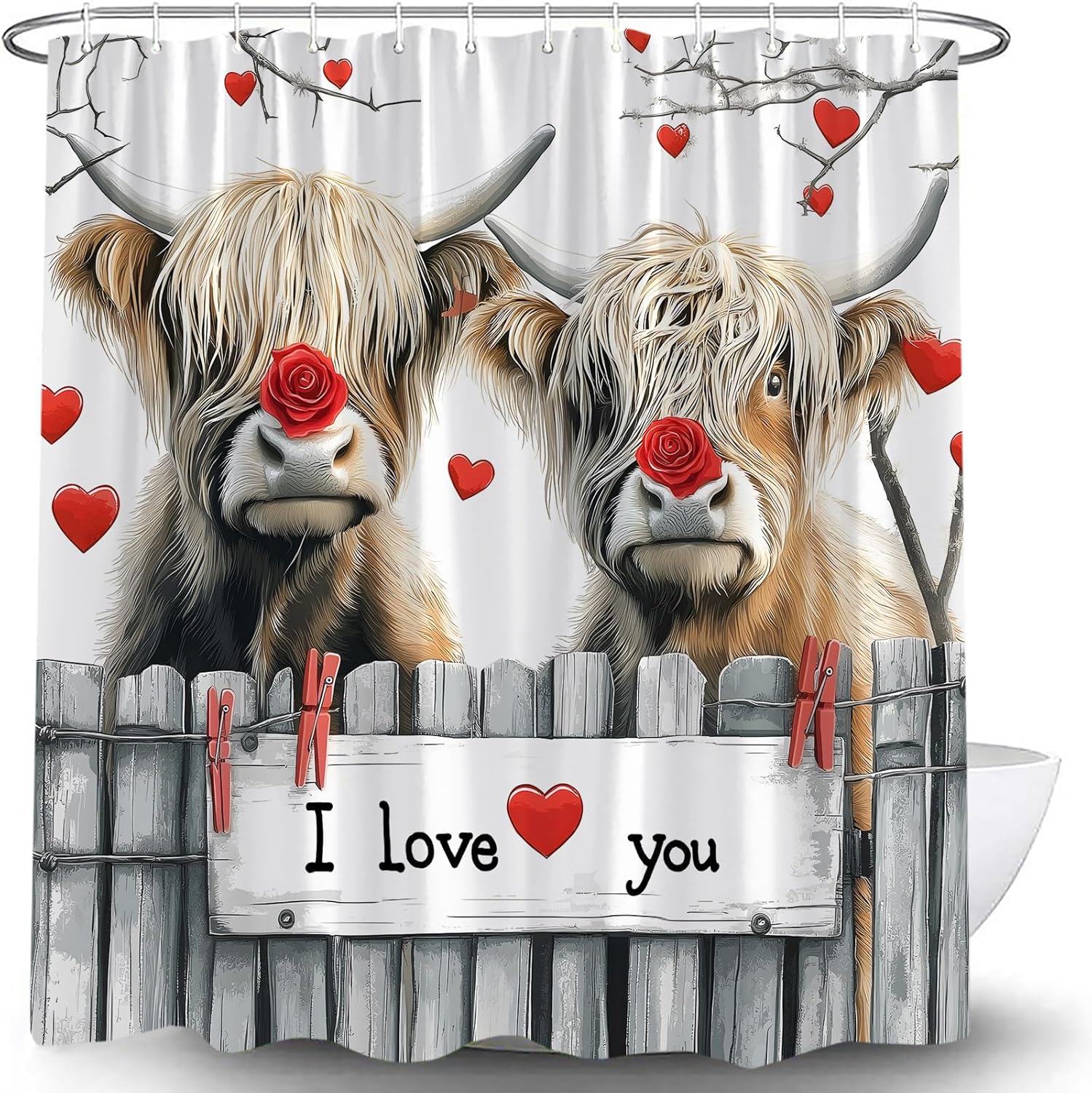 Romantic Highland Cow Couple Shower Curtain