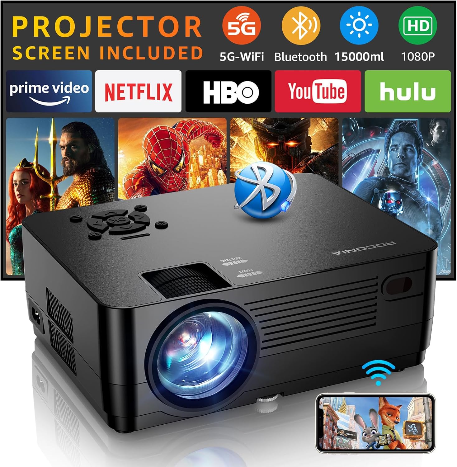 Native 1080P Projector with 5G WiFi and Bluetooth Connectivity