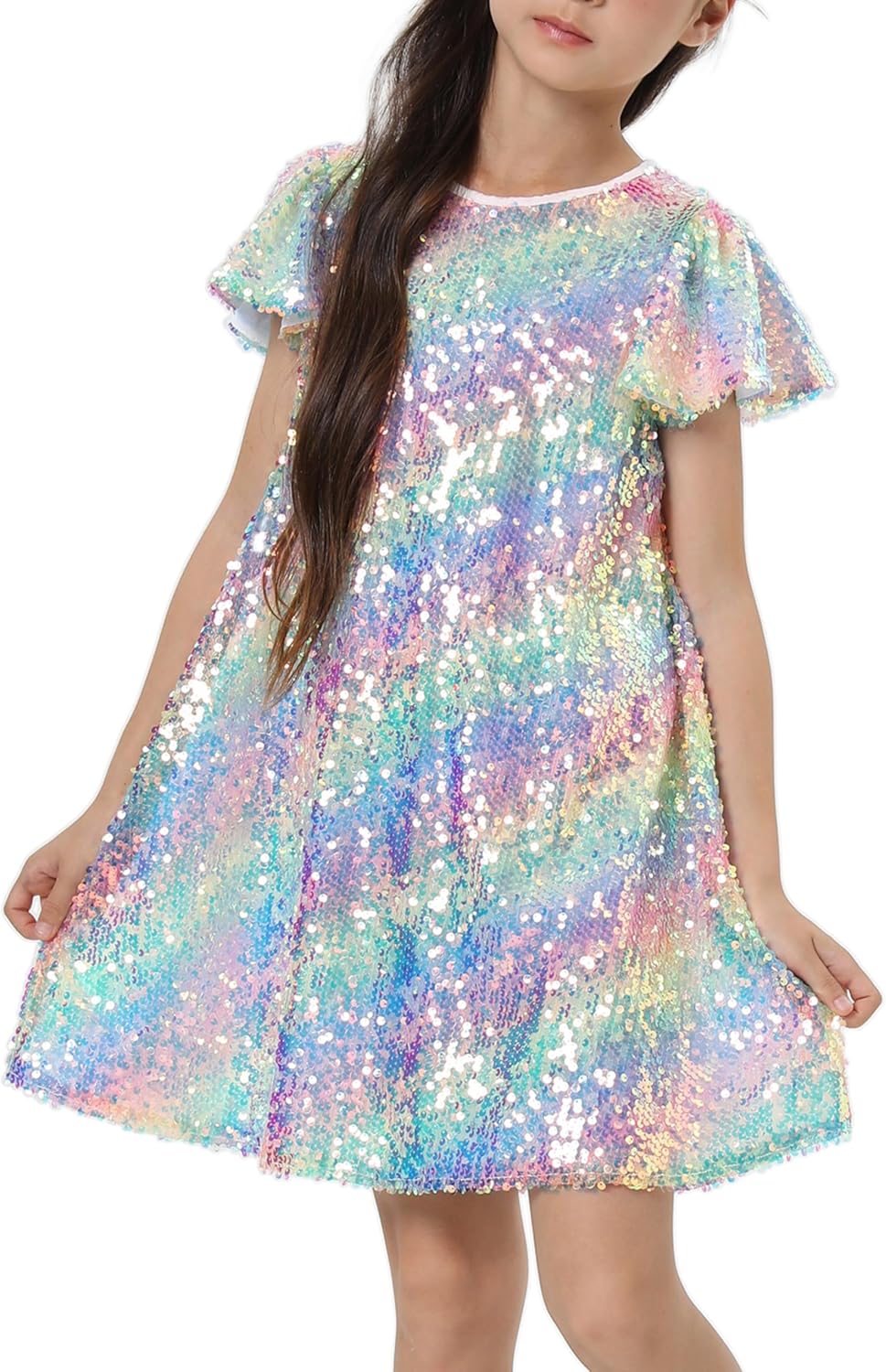 Girls Sequin Dress Shiny Short Flutter Sleeve Sparkly Party