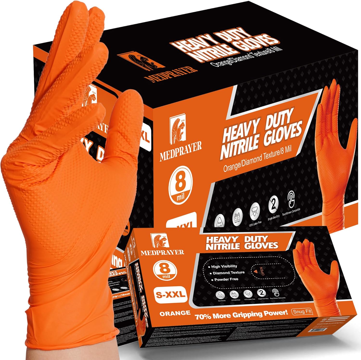 Orange Diamond Textured 8 Mil Nitrile Gloves by MEDPRAYER