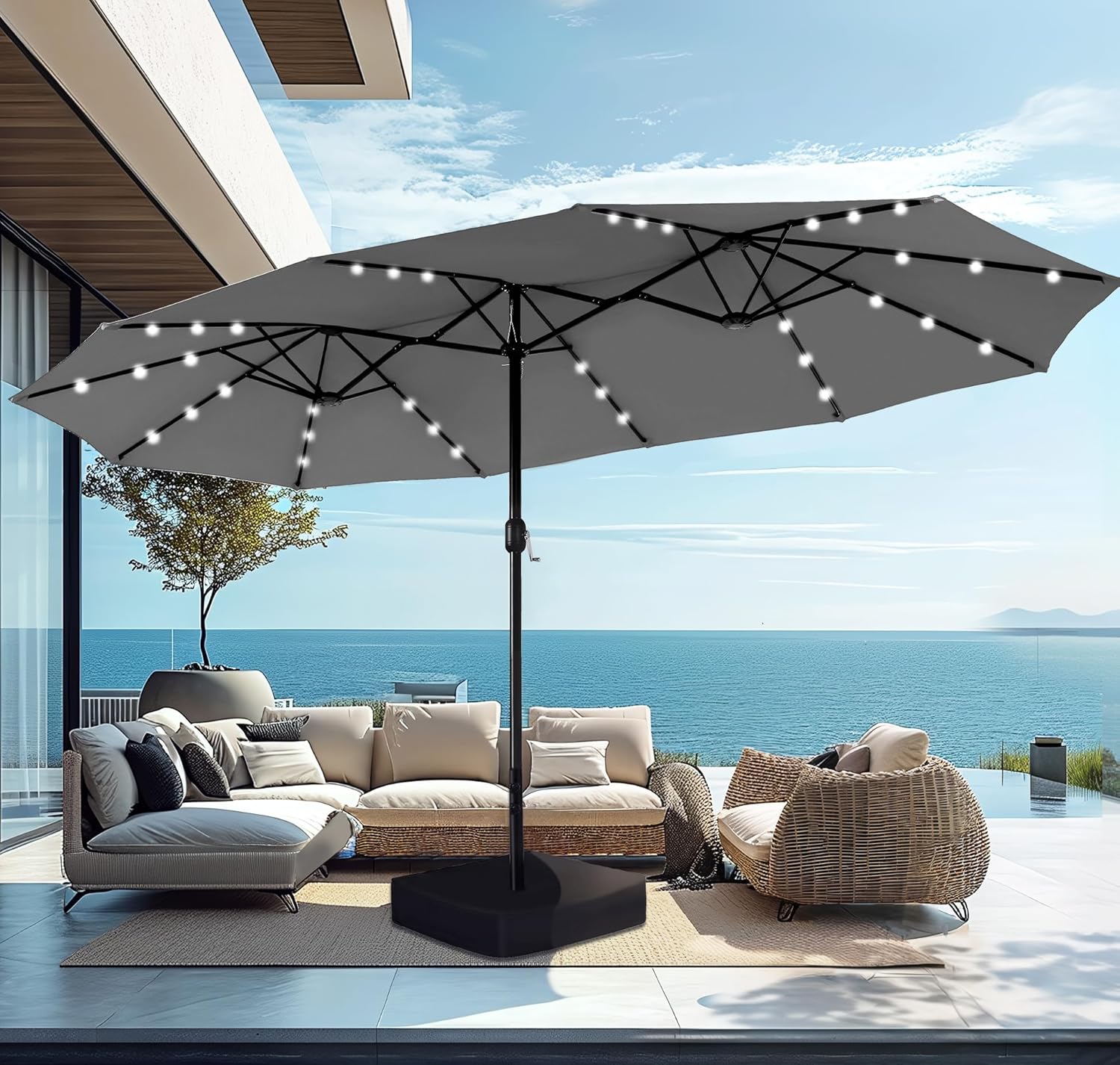 15ft Large Patio Umbrella with Solar Lights for Outdoor Use