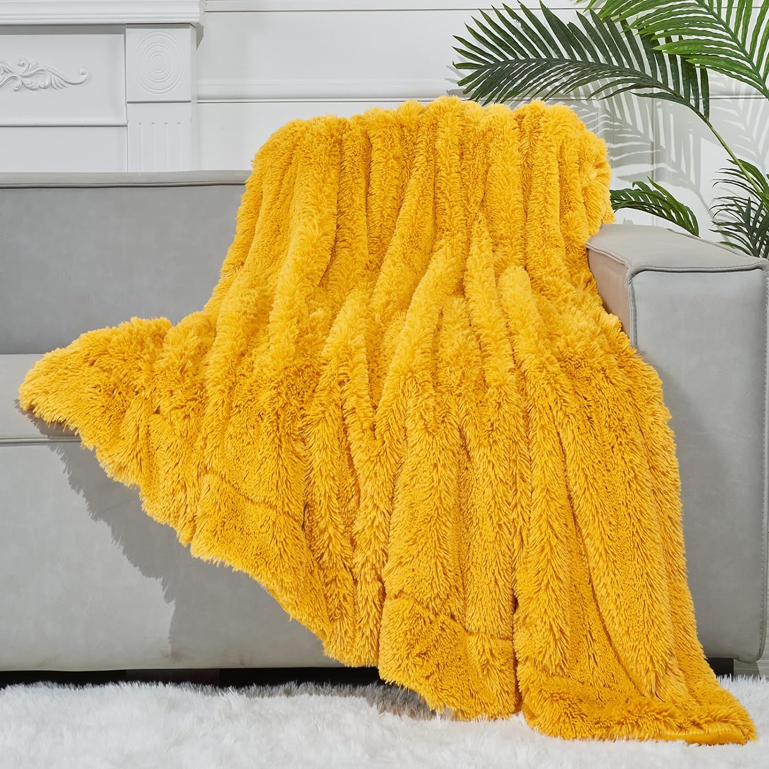 Fuzzy Faux Fur Throw Blanket Twin Size Mustard Yellow Cozy Plush