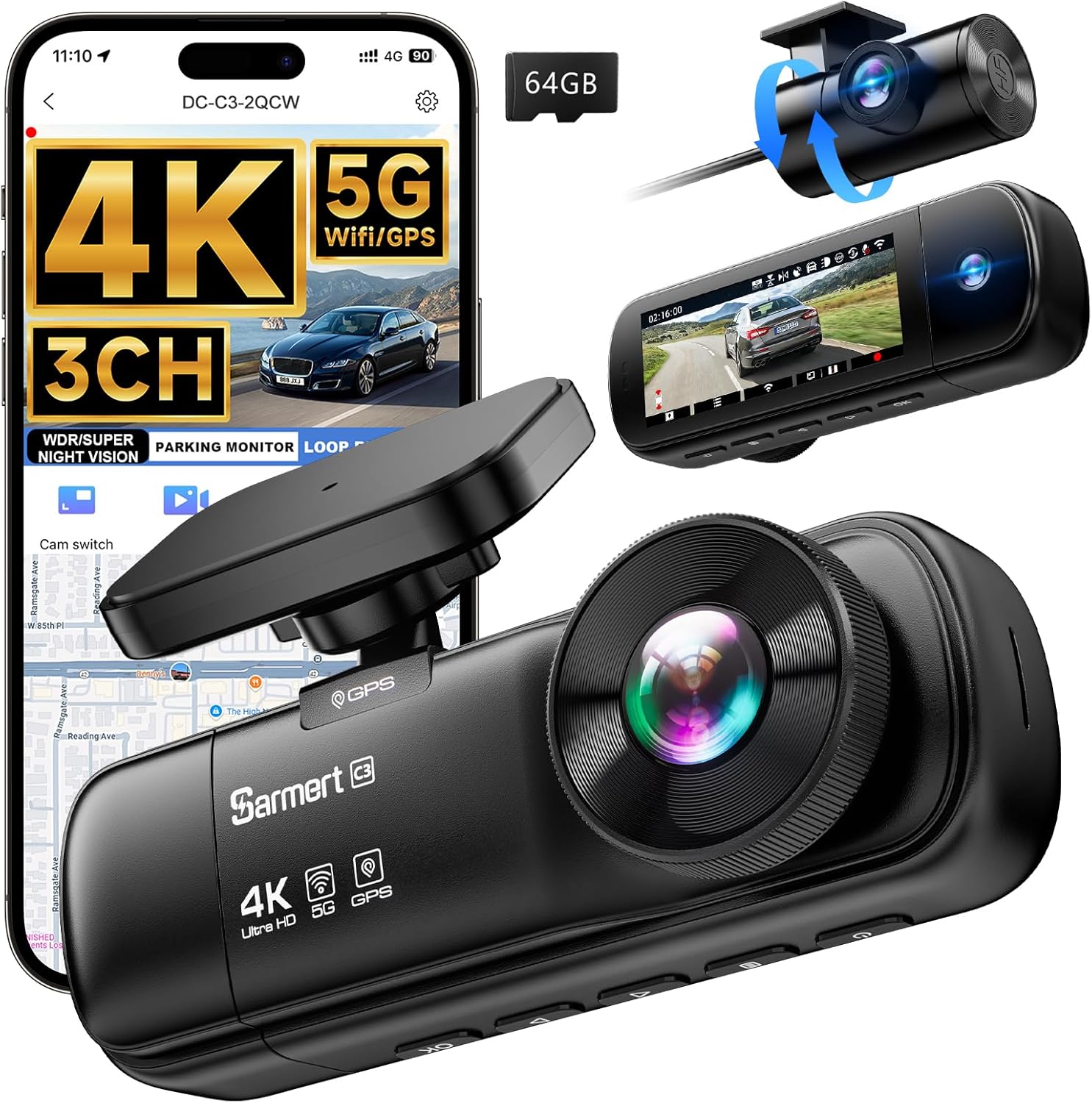 SARMERT 4K 3 Channel Dash Cam with Night Vision and GPS