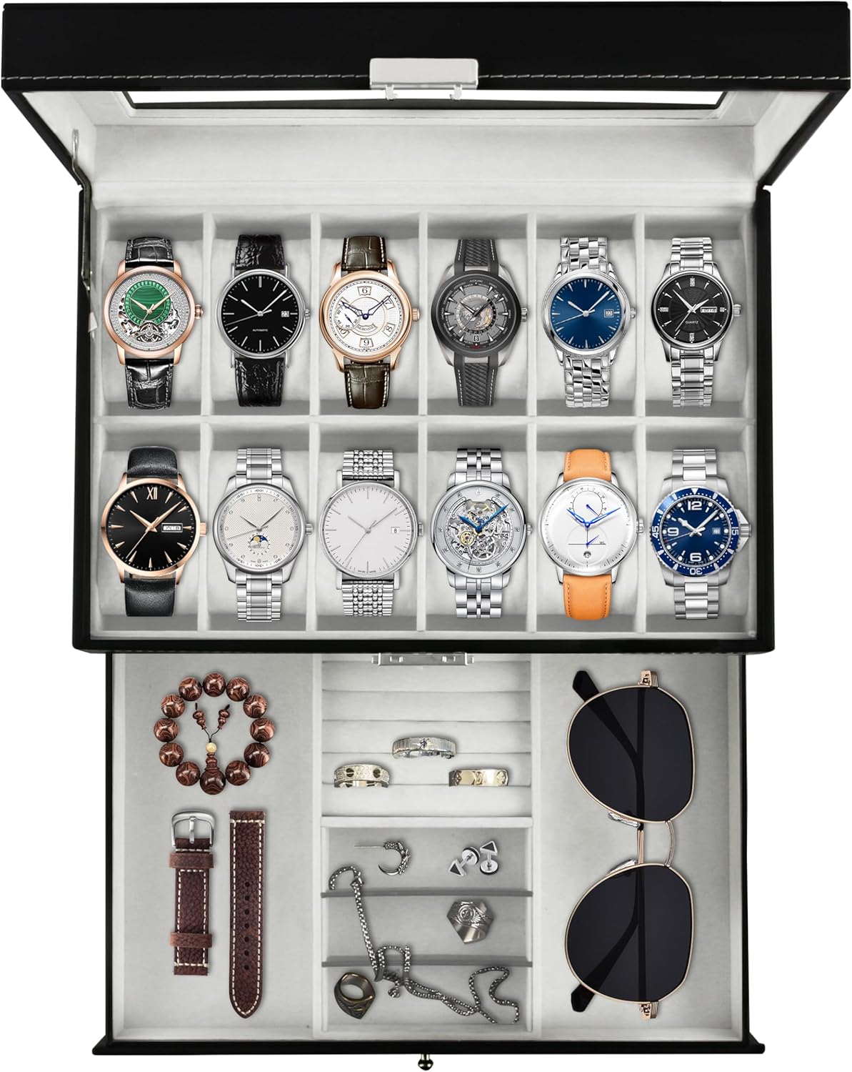 Lockable 12-Slot Watch Box, Jewelry Display Case