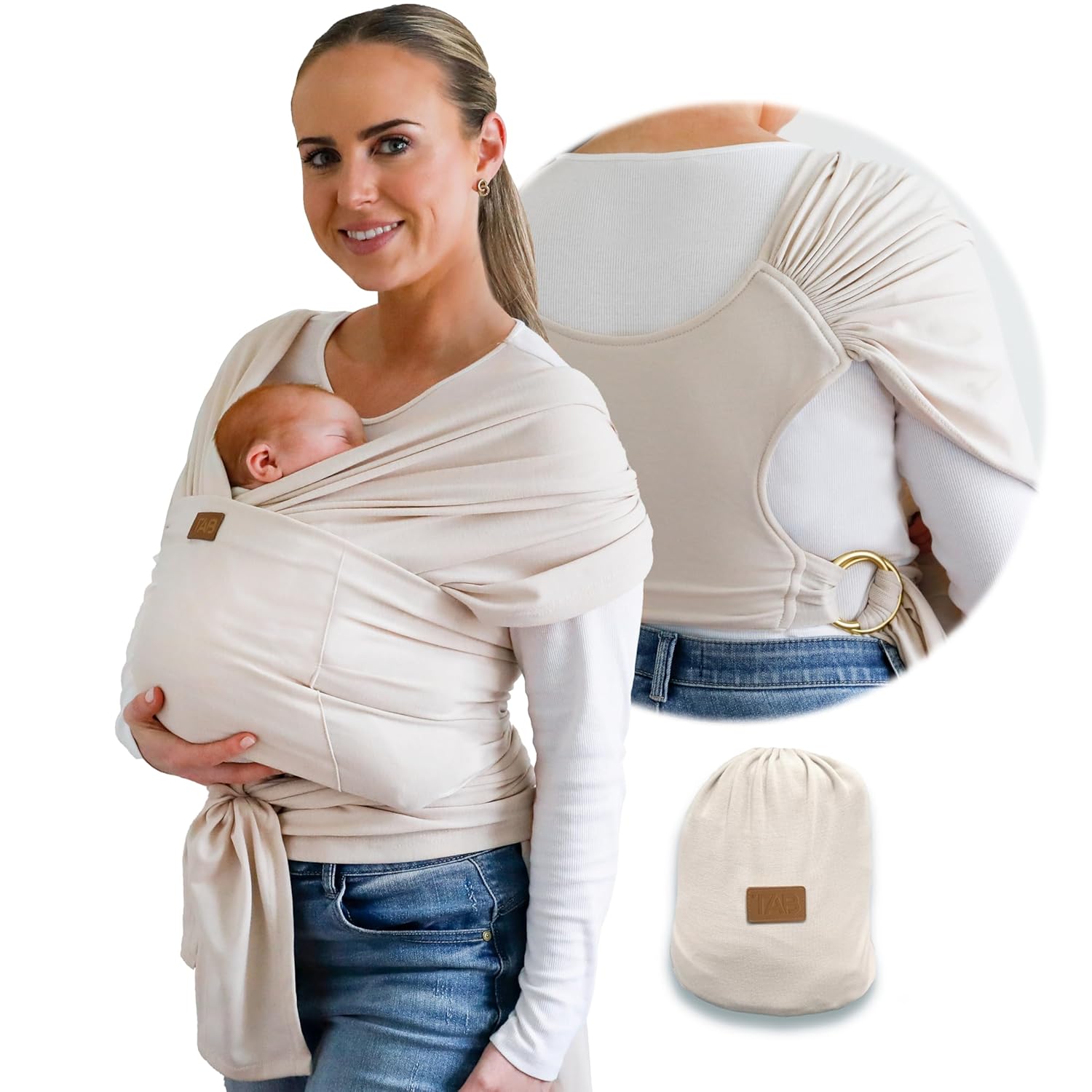 Stylish Beige & Gold Baby Carrier: Comfy & Supportive Ring Sling