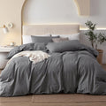 Full Washed Cotton Duvet Cover Set Heathered Dark Grey - Linen Feel