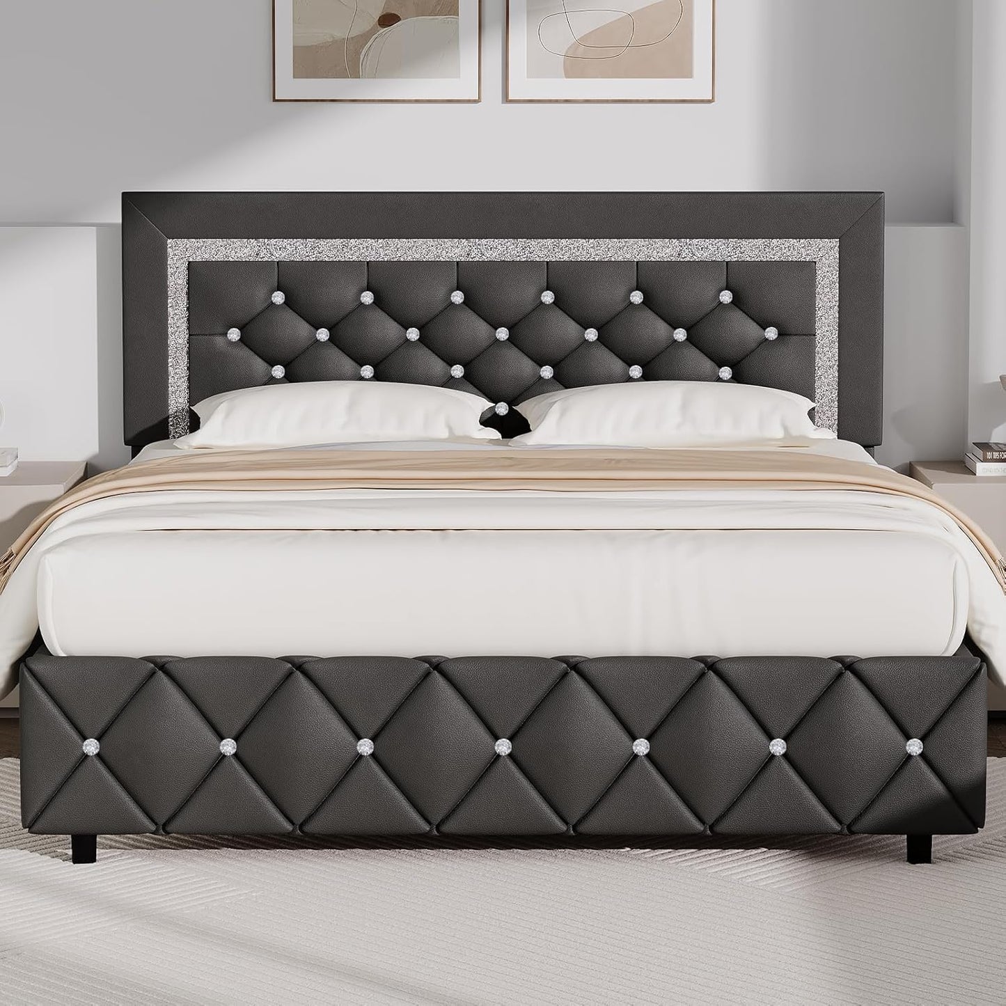 BarnFurin Full Bed Frame with Diamond Tufted Headboard in Gray