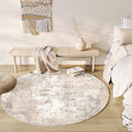 5x5 Washable Round Rug Beige Grey Abstract - Soft Low Pile Non Slip
