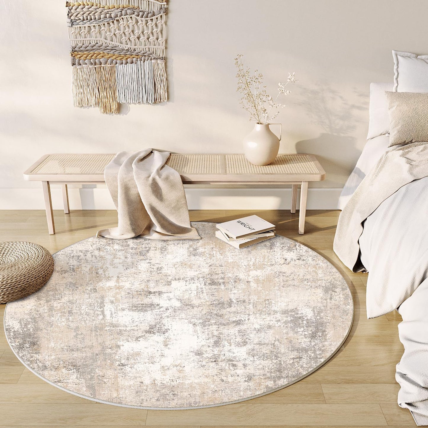 5x5 Washable Round Rug Beige Grey Abstract for Modern Spaces