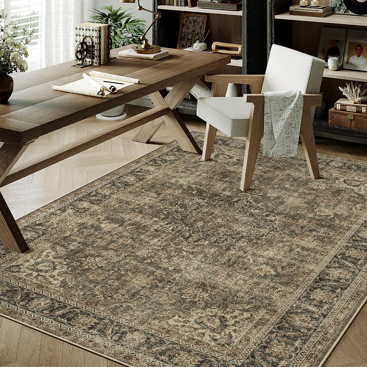 4x5 Washable Brown Area Rug for Vintage Entryway and Office