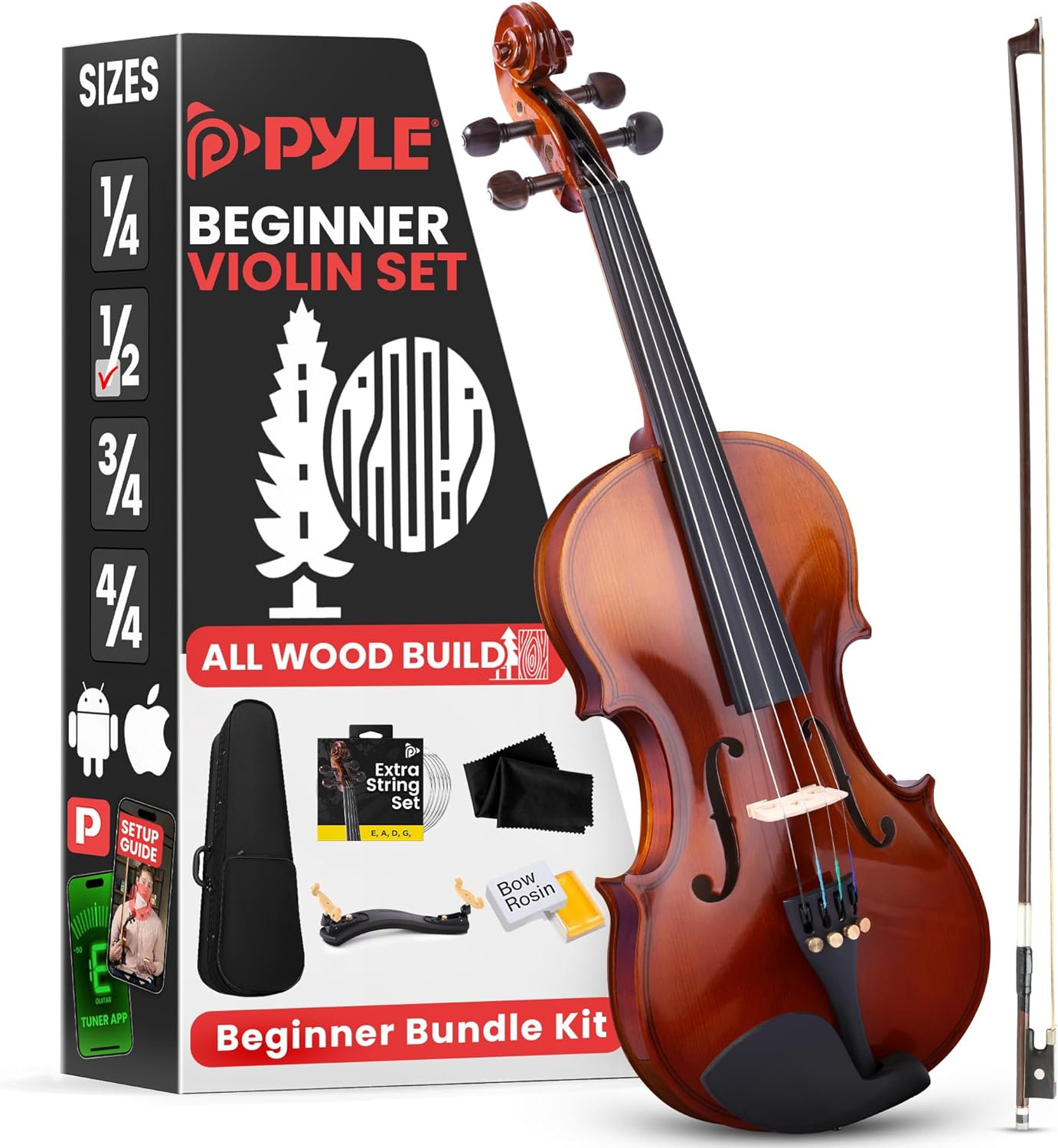 Pyle 1/2 Size Beginner Violin Starter Kit for Students and Kids