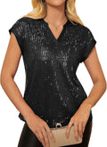 Womens Cap Sleeve Sequin Top V Neck - Sparkly Party Blouse