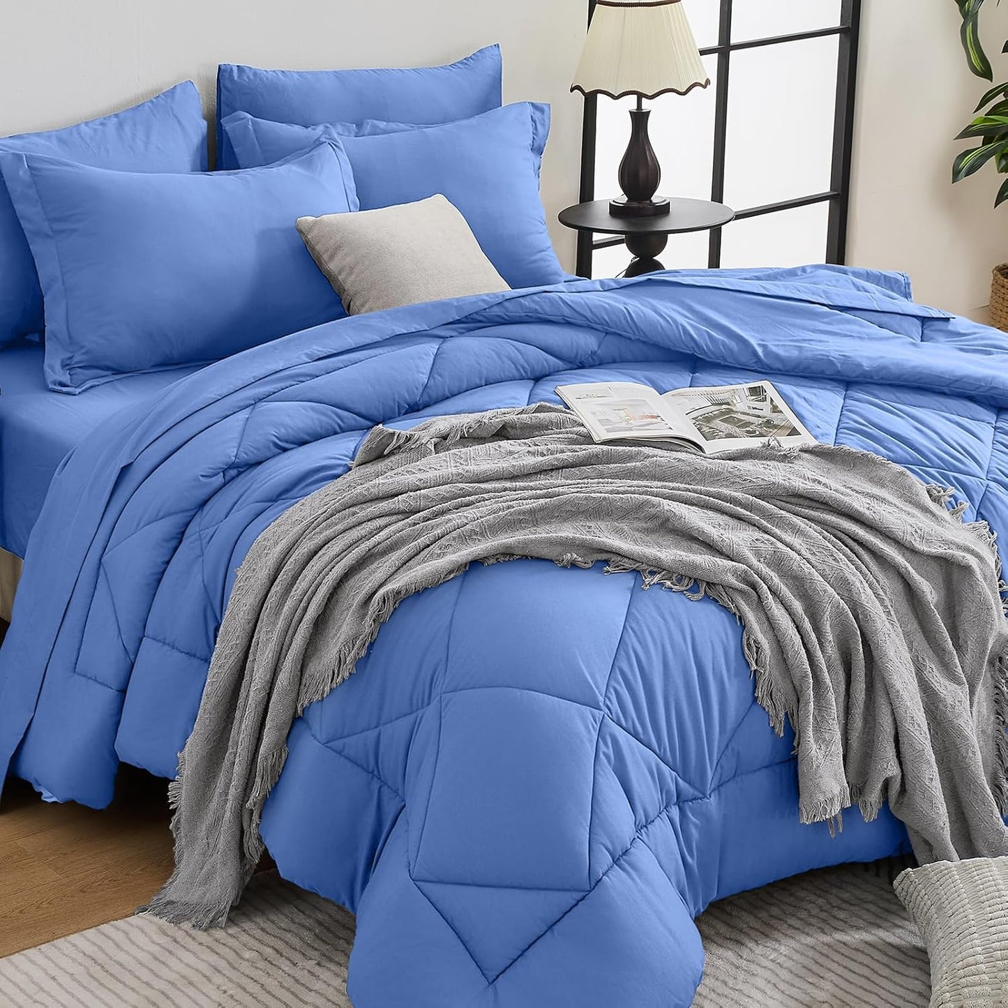 HEVUMYI Royal Blue Queen Comforter Set - Luxurious 7-Piece Bedding