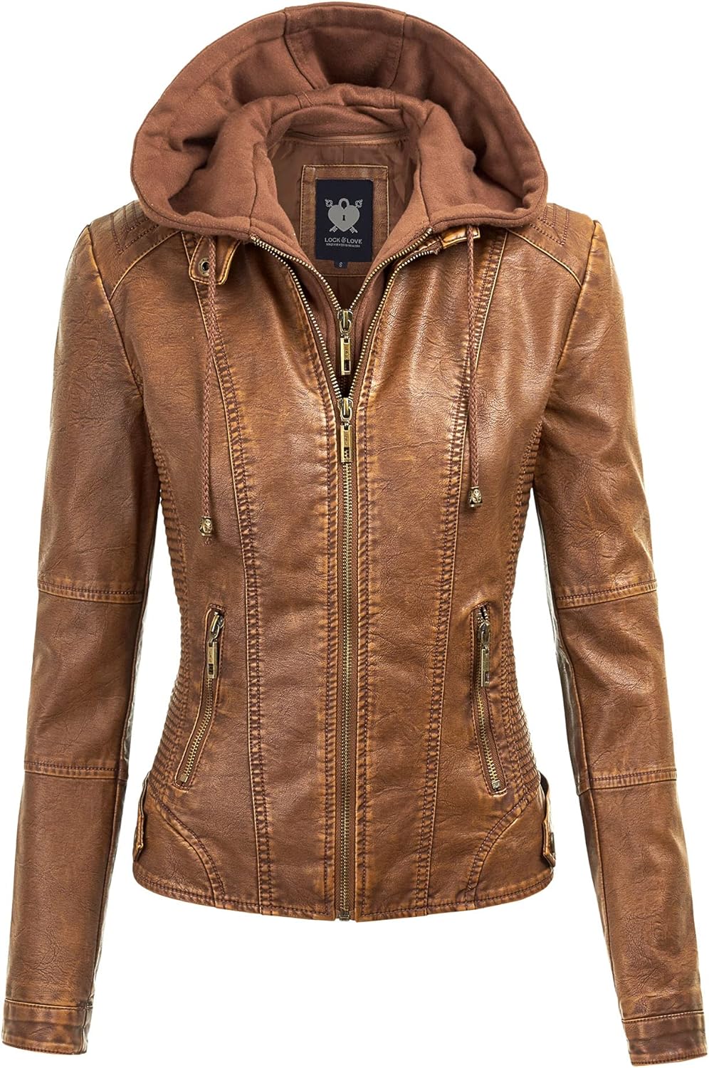 Stylish Faux Leather Moto Biker Jacket with Removable Hood