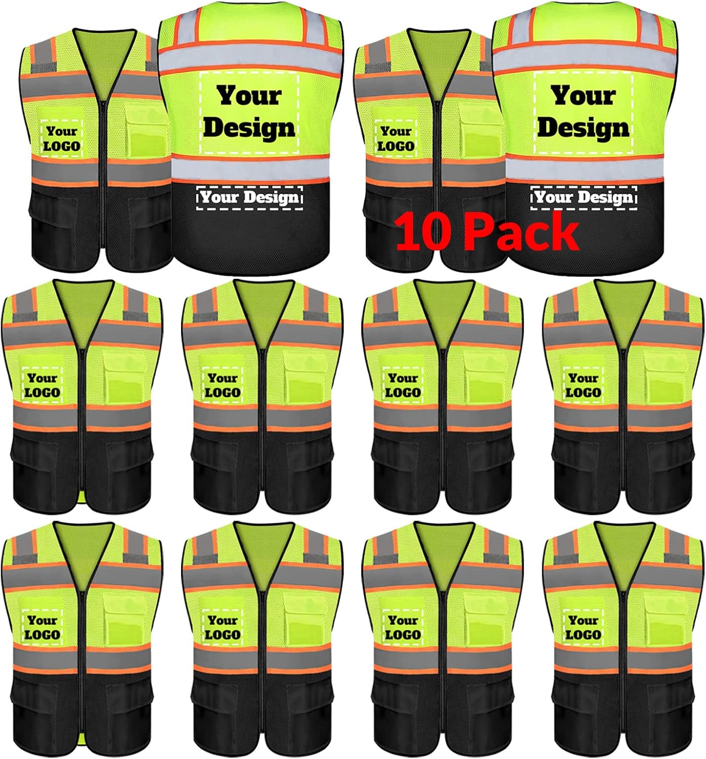 Custom Safety Vest with 5 Pockets & Zipper for High Visibility