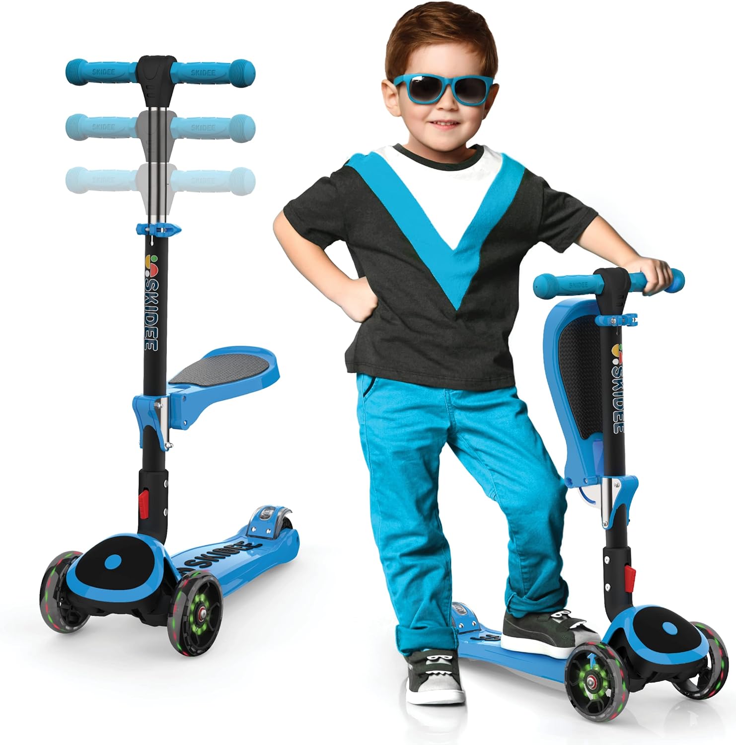 SKIDEE Kick Scooter for Kids - Adjustable Height, LED Wheels, Removable Seat