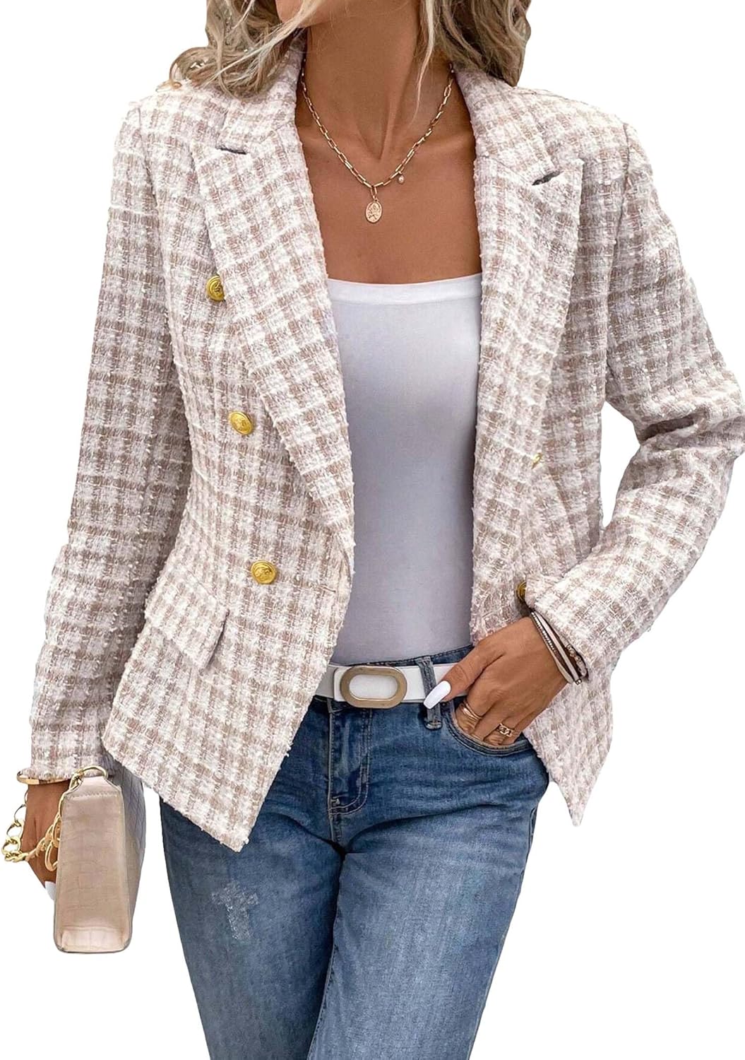 Mina Self Women's Tweed Plaid Blazer Jacket for Fall