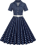 Women Short Sleeve 1950s Retro Polka Dot Swing Dress - Belted