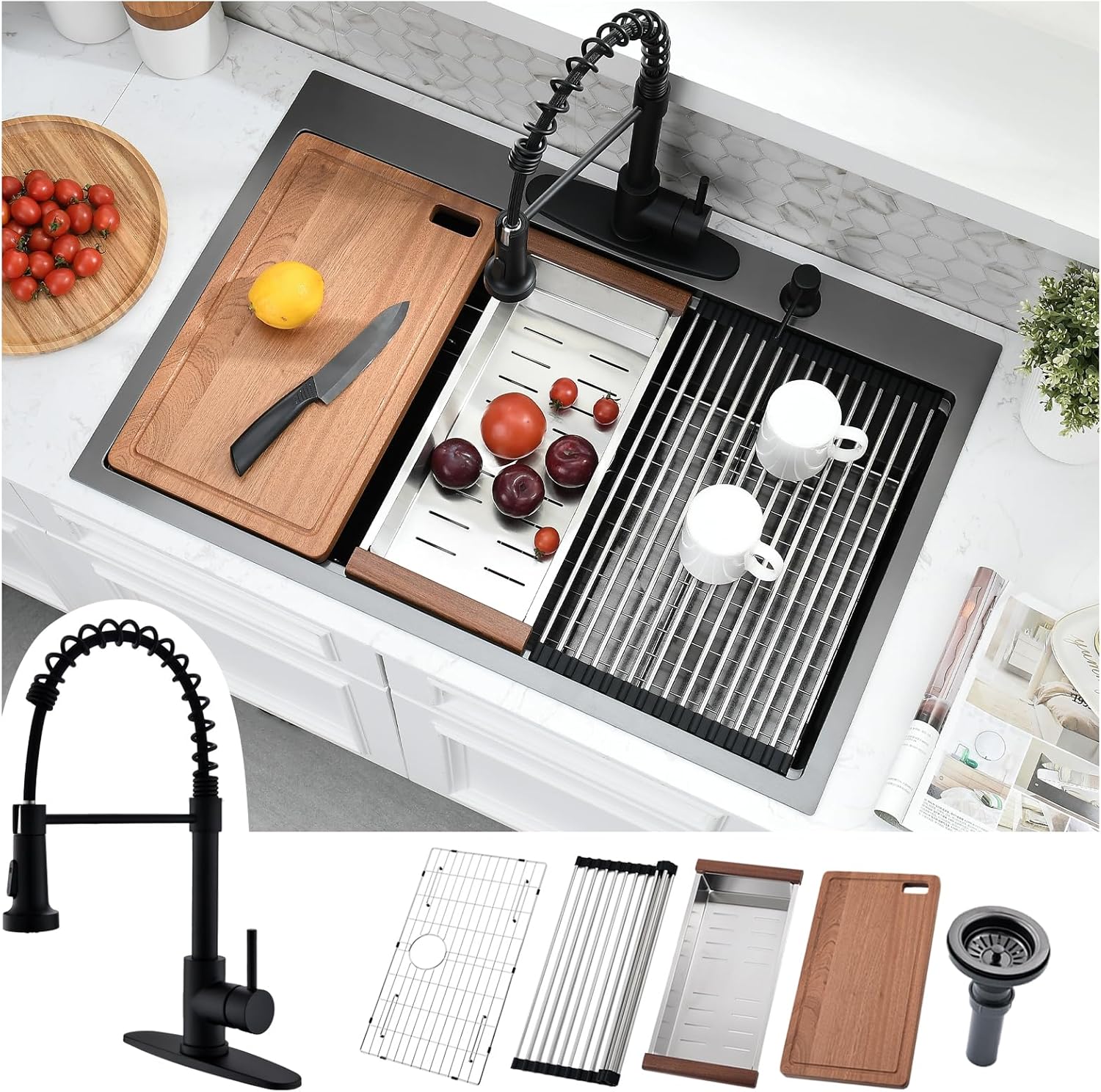 33x19 Black Drop In Kitchen Sink with Faucet for Your Home