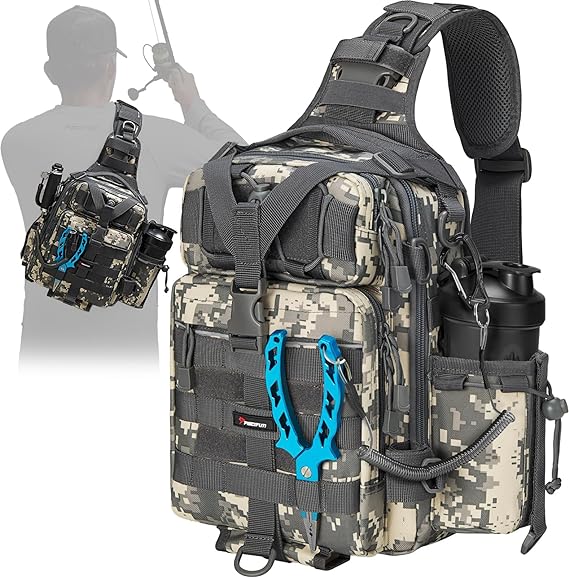 Piscifun Lightweight Sling Tackle Bag with Rod Belts - Water-Resistant