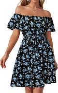 Womens Off Shoulder Ruffle Floral Skater Dress - Flattering A Line Fit