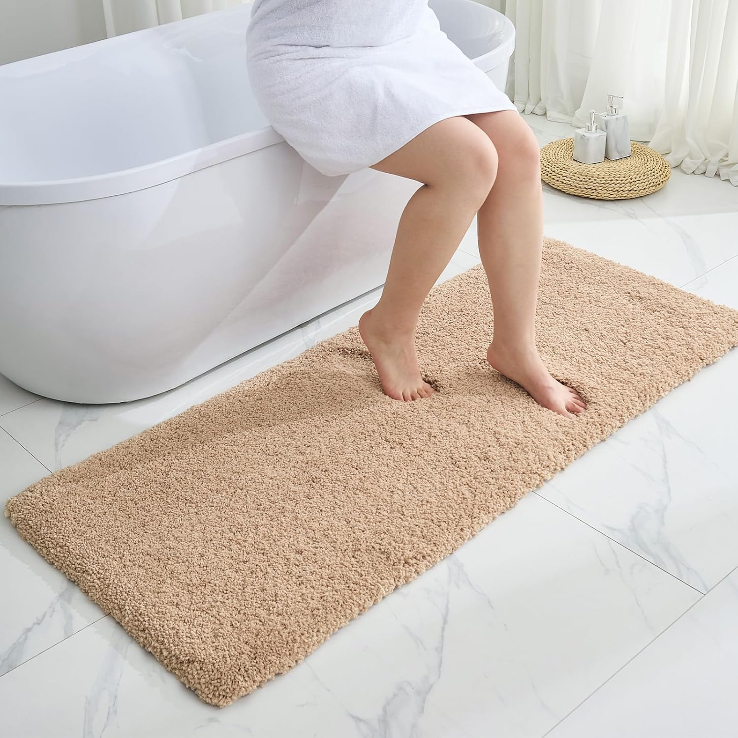 Beige Bathroom Runner Rug 24x70 Non Slip Fluffy Long Bath Mat