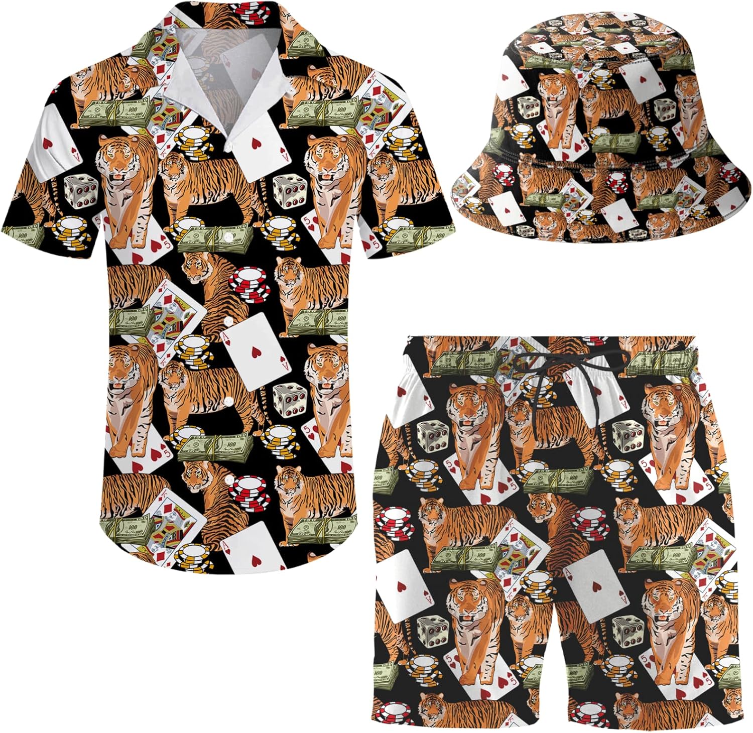Men's Hawaiian Shirt and Shorts Set with Bucket Hat for Summer
