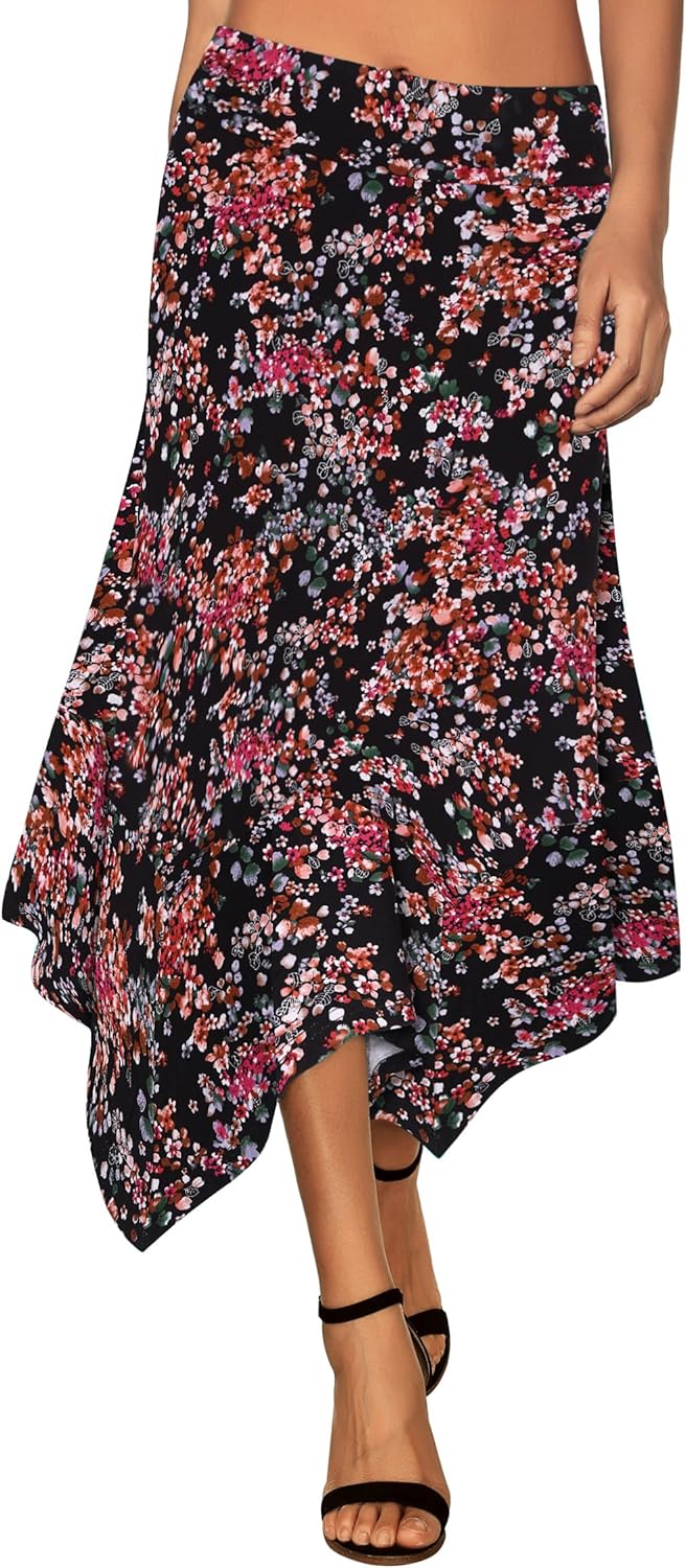 DJT Women's Casual Midi Skirt with Stretchy Waistband and Flowy Hem