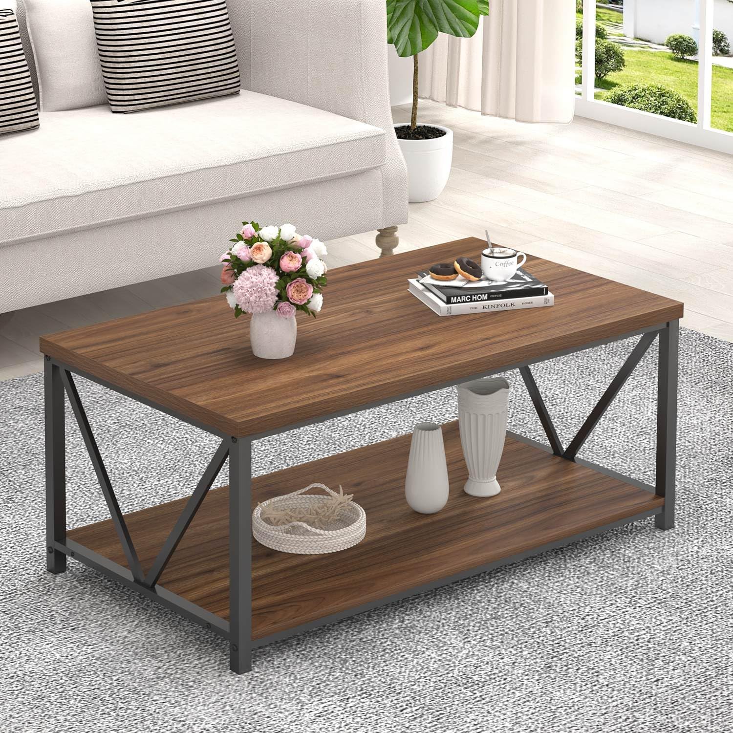 Rustic Modern Coffee Table with Storage - FOLUBAN 39.3 Rustic Wood