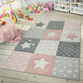 Kids Rug for Nursery Checkered with Dots & Stars in Pink White Grey